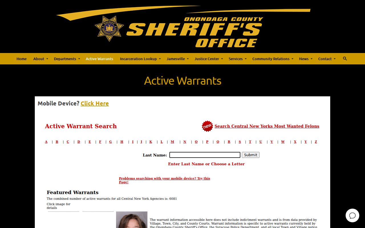 Onondaga County arrest warrant search interface